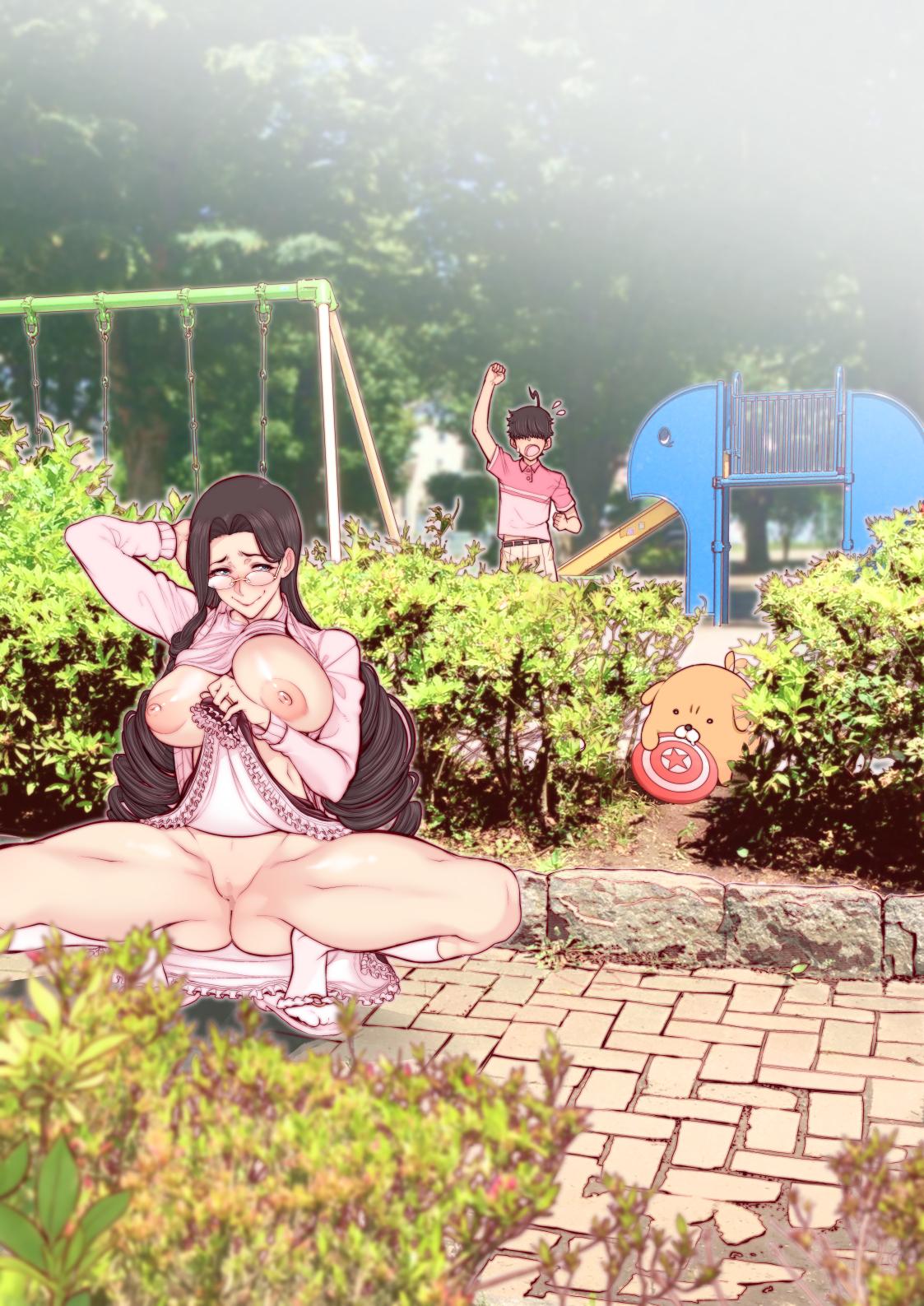 Busty asian milf pawg in anime art, wearing a pink blouse and long skirt, and nude