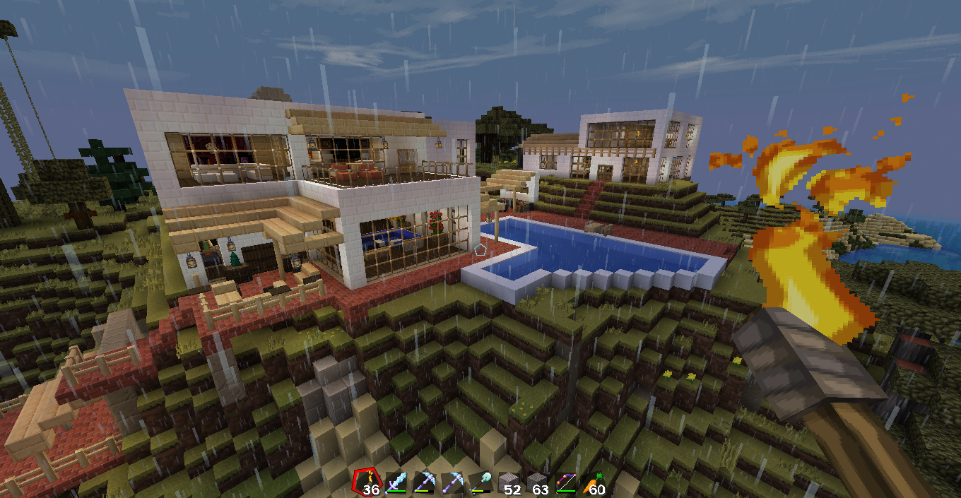 Private Island Estate in Minecraft featuring a modern white house with a swimming pool and rural village farms