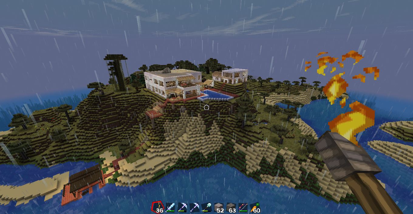 Private Island Estate in Minecraft featuring a modern white house with a swimming pool and rural village farms