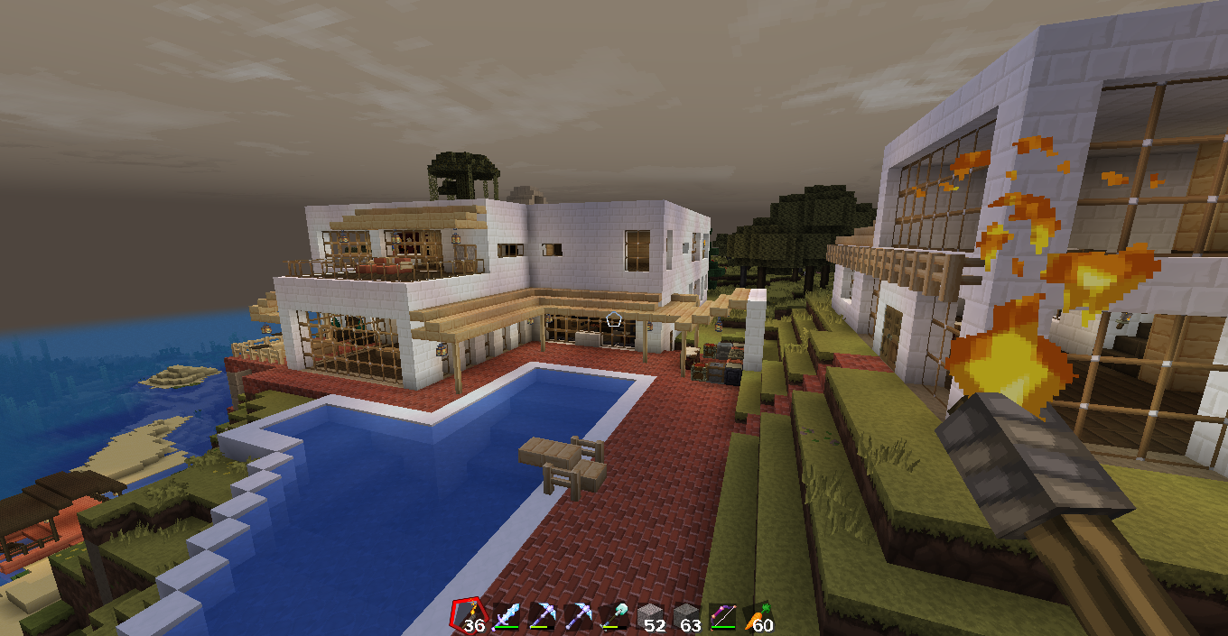 Private Island Estate in Minecraft featuring a modern white house with a swimming pool and rural village farms