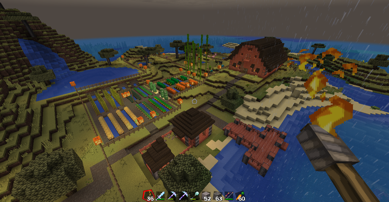 Private Island Estate in Minecraft featuring a modern white house with a swimming pool and rural village farms