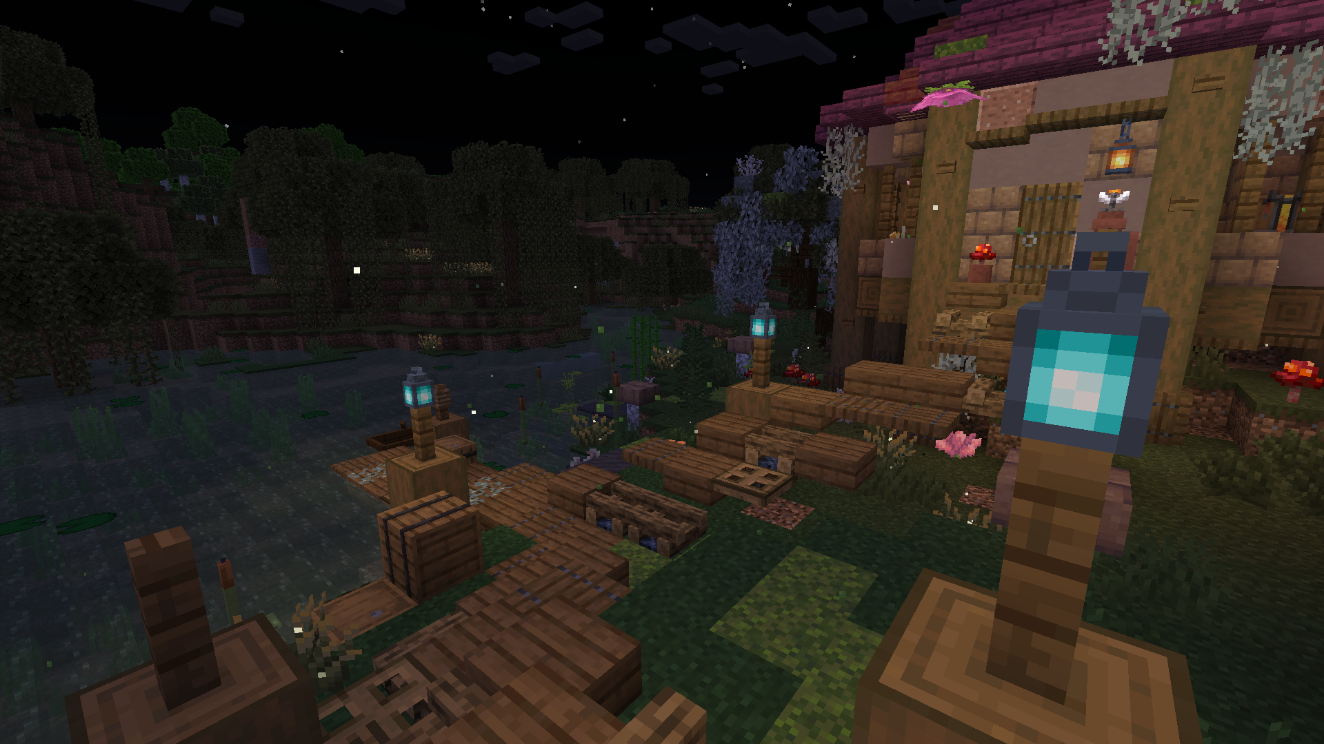 Cute Minecraft swamp huts with cherry blossom trees and lanterns at night