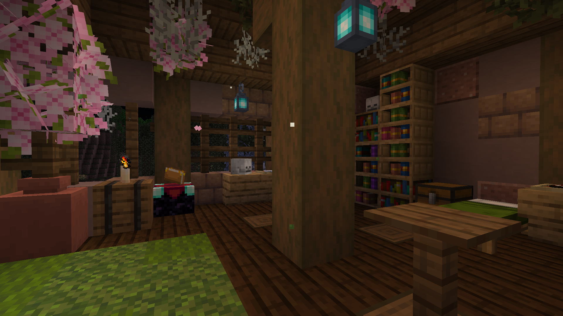 Cute Minecraft swamp huts with cherry blossom trees and lanterns at night