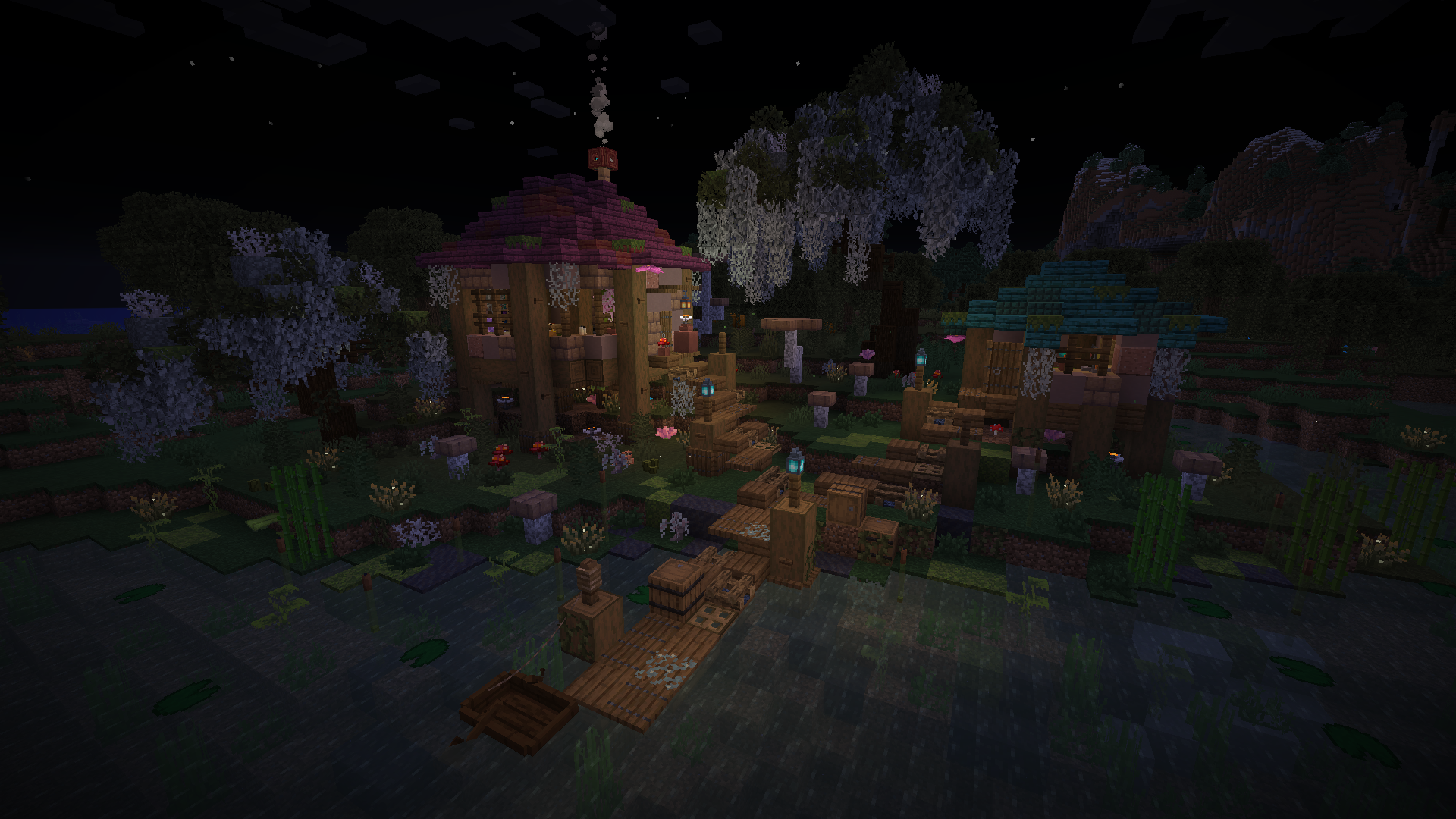 Cute Minecraft swamp huts with cherry blossom trees and lanterns at night