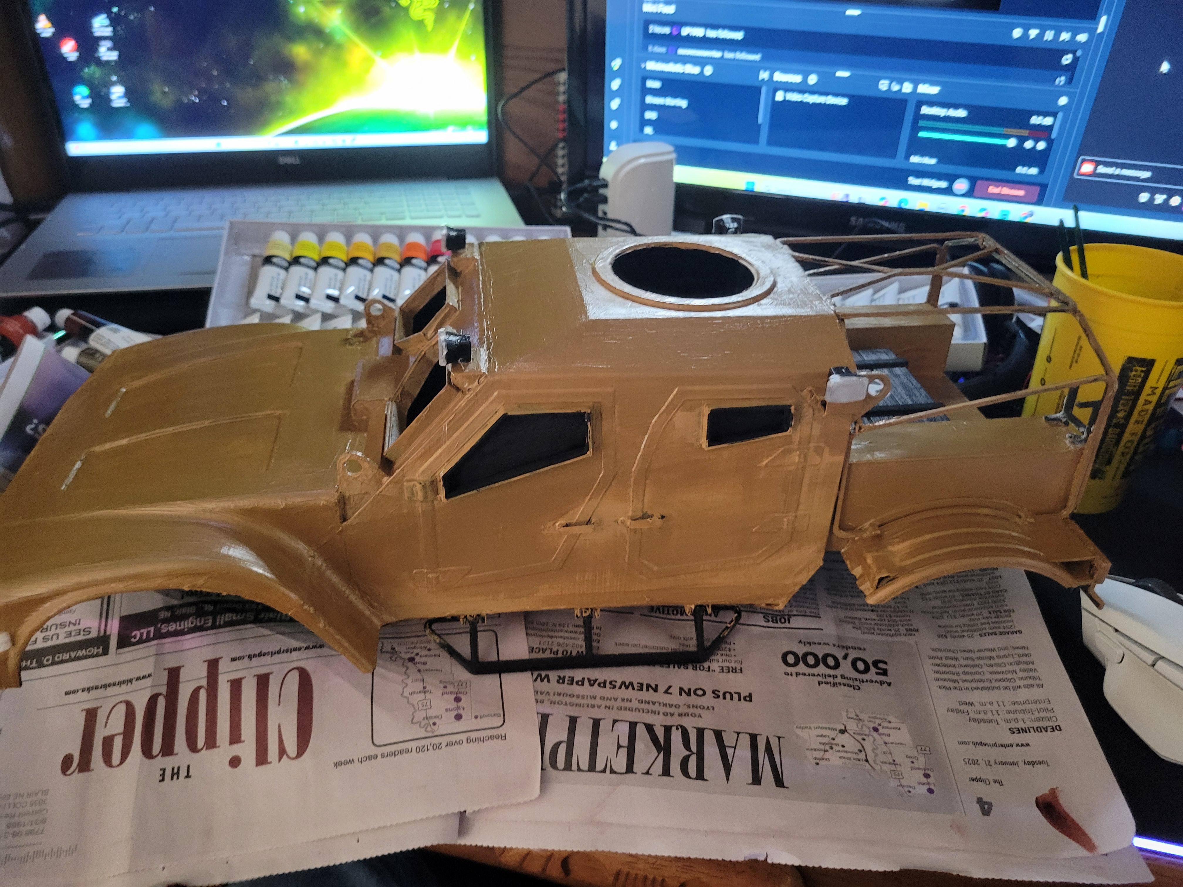 Had a buddy 3d print an matv body for my crawler. Just finished flying ...