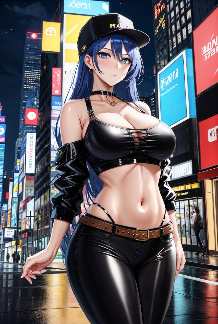 Busty red skin demon woman with horns and long black hair sticking out her tongue in ahegao pose