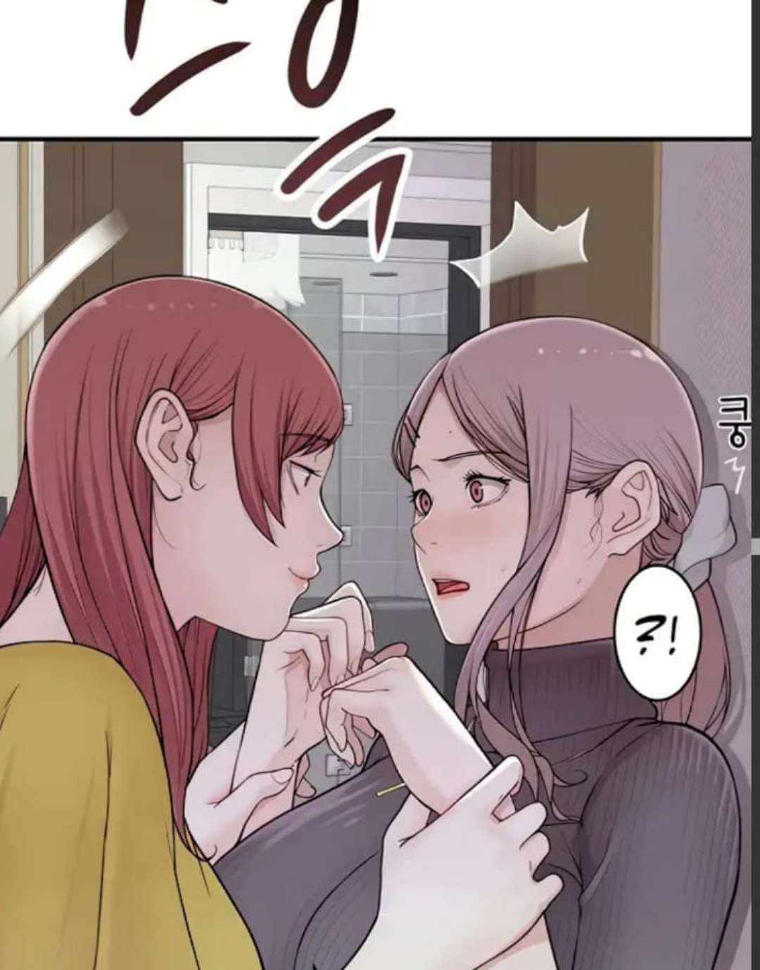 Pornhwa anime art of a busty mauve-haired woman and a redhead woman with a man