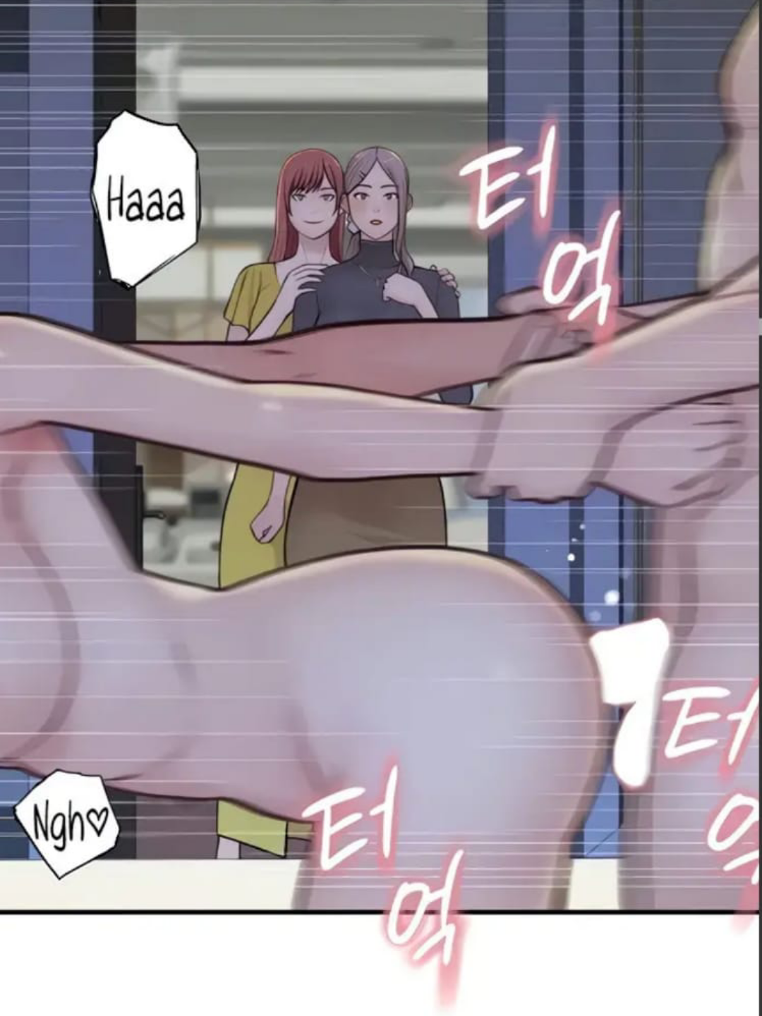 Pornhwa anime art of a busty mauve-haired woman and a redhead woman with a man