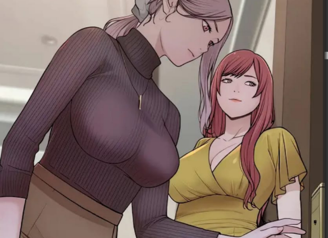 Pornhwa anime art of a busty mauve-haired woman and a redhead woman with a man