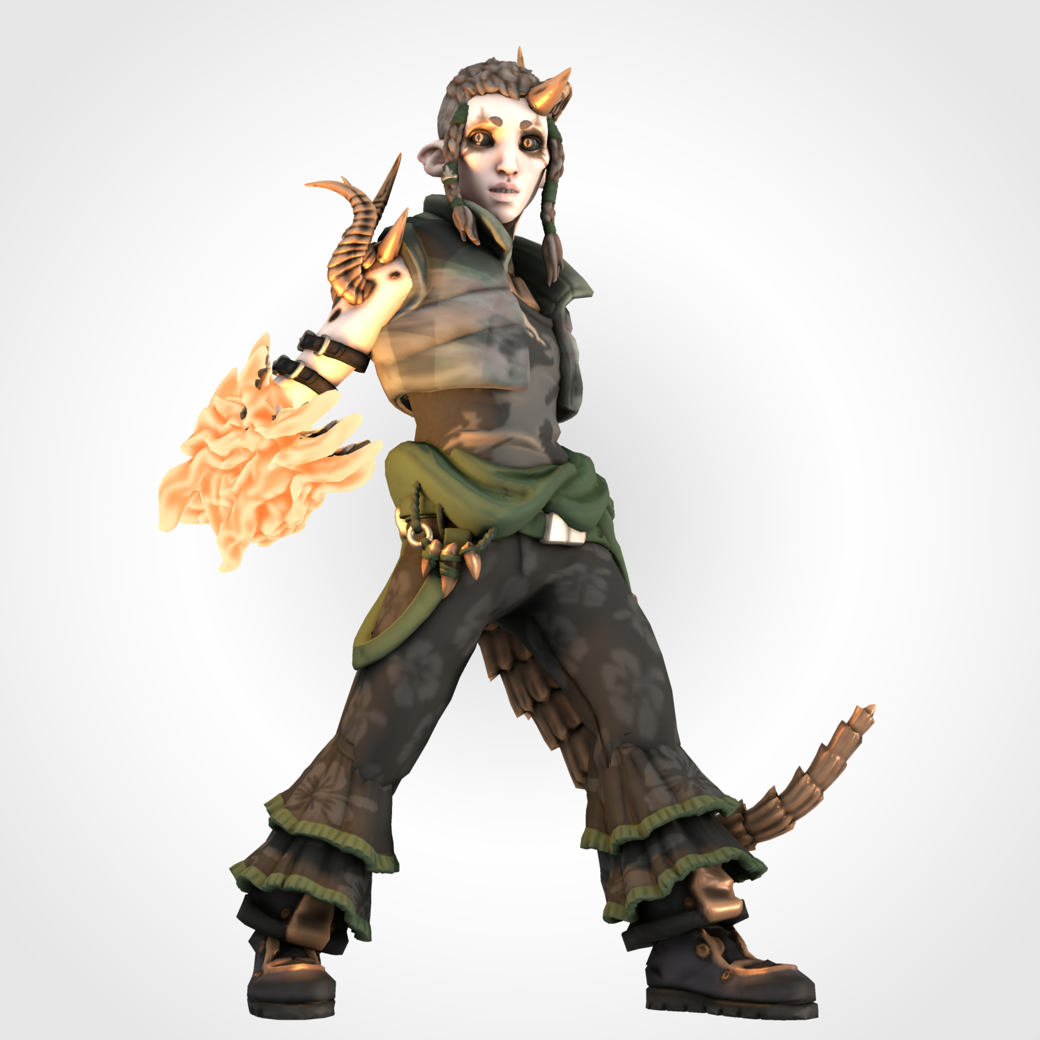 Kitbashed HeroForge PCs with diverse skin tones, braids, dreadlocks, and fantasy attire with glowing weapons