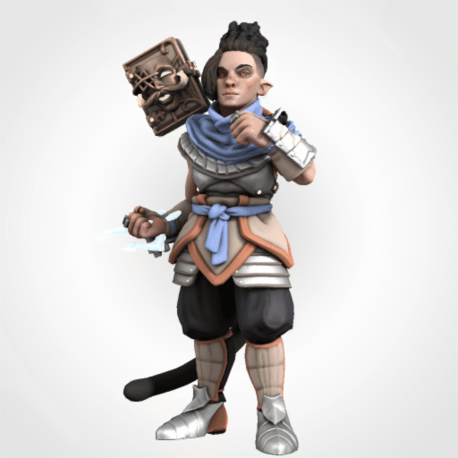 Kitbashed HeroForge PCs with diverse skin tones, braids, dreadlocks, and fantasy attire with glowing weapons