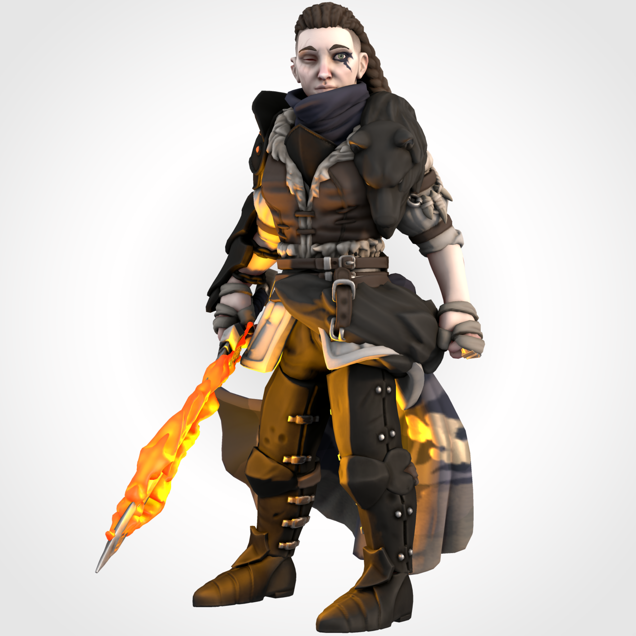 Kitbashed HeroForge PCs with diverse skin tones, braids, dreadlocks, and fantasy attire with glowing weapons