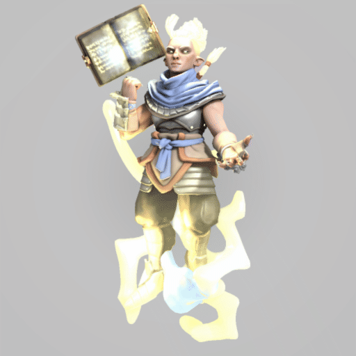 Kitbashed HeroForge PCs with diverse skin tones, braids, dreadlocks, and fantasy attire with glowing weapons
