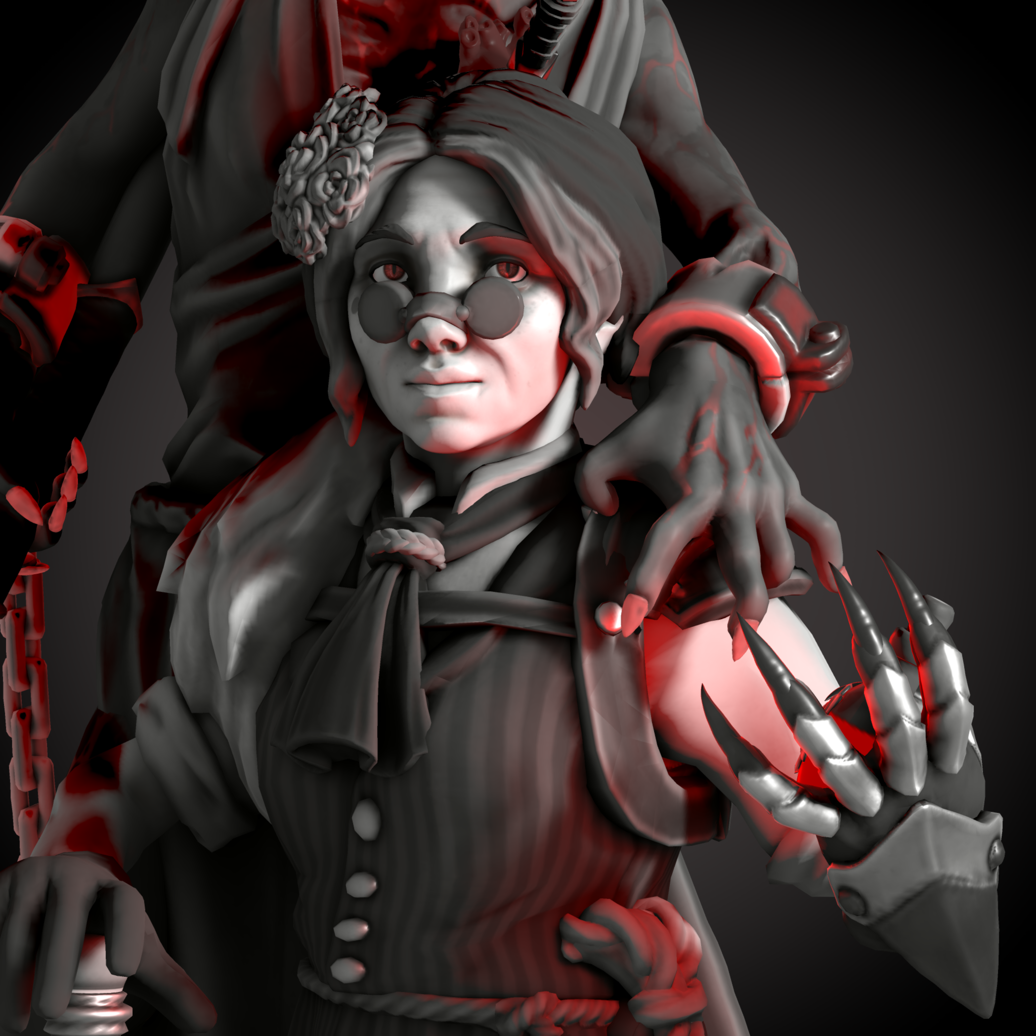 Kitbashed HeroForge PCs with diverse skin tones, braids, dreadlocks, and fantasy attire with glowing weapons