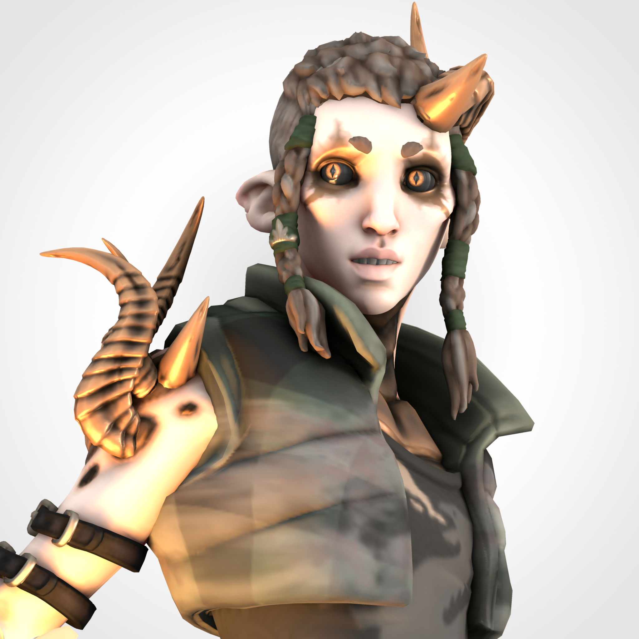 Kitbashed HeroForge PCs with diverse skin tones, braids, dreadlocks, and fantasy attire with glowing weapons