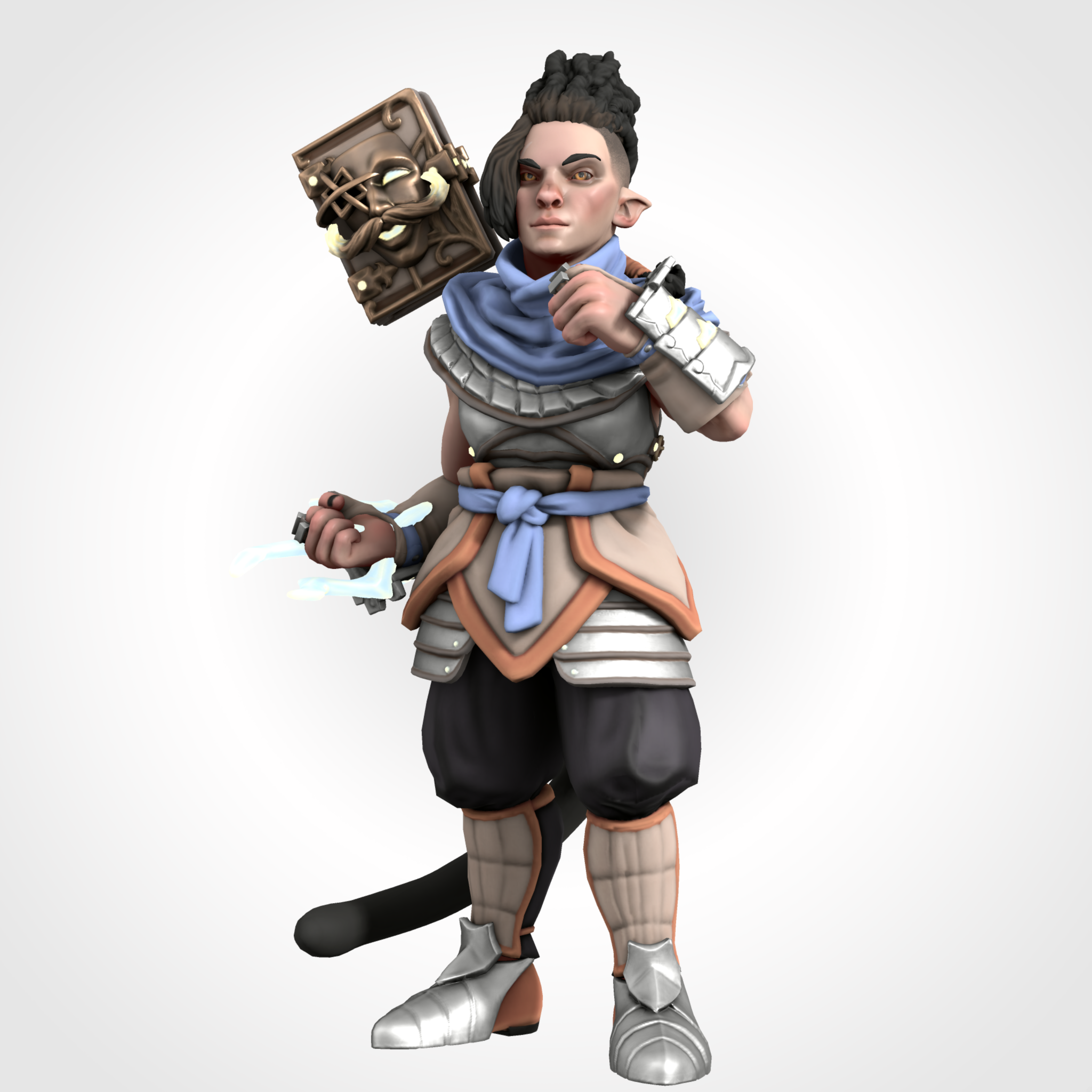 Kitbashed HeroForge PCs with diverse skin tones, braids, dreadlocks, and fantasy attire with glowing weapons