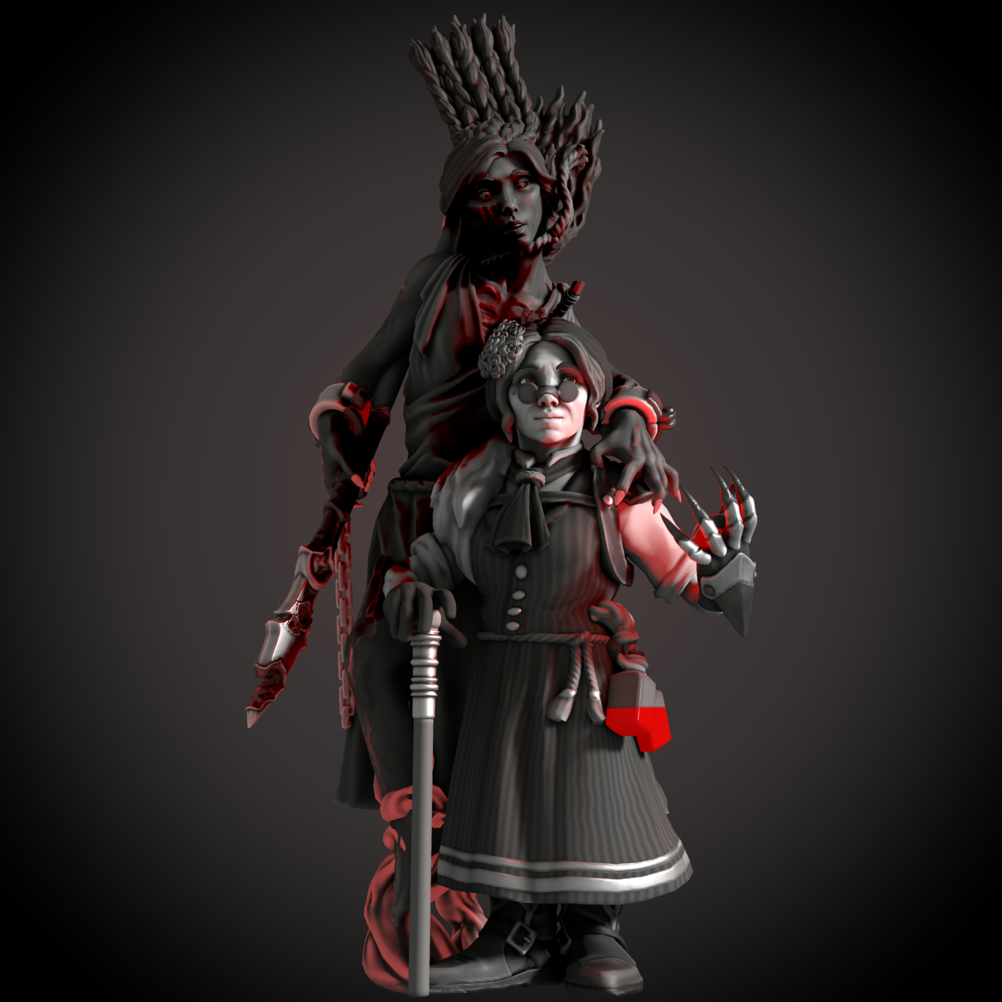 Kitbashed HeroForge PCs with diverse skin tones, braids, dreadlocks, and fantasy attire with glowing weapons