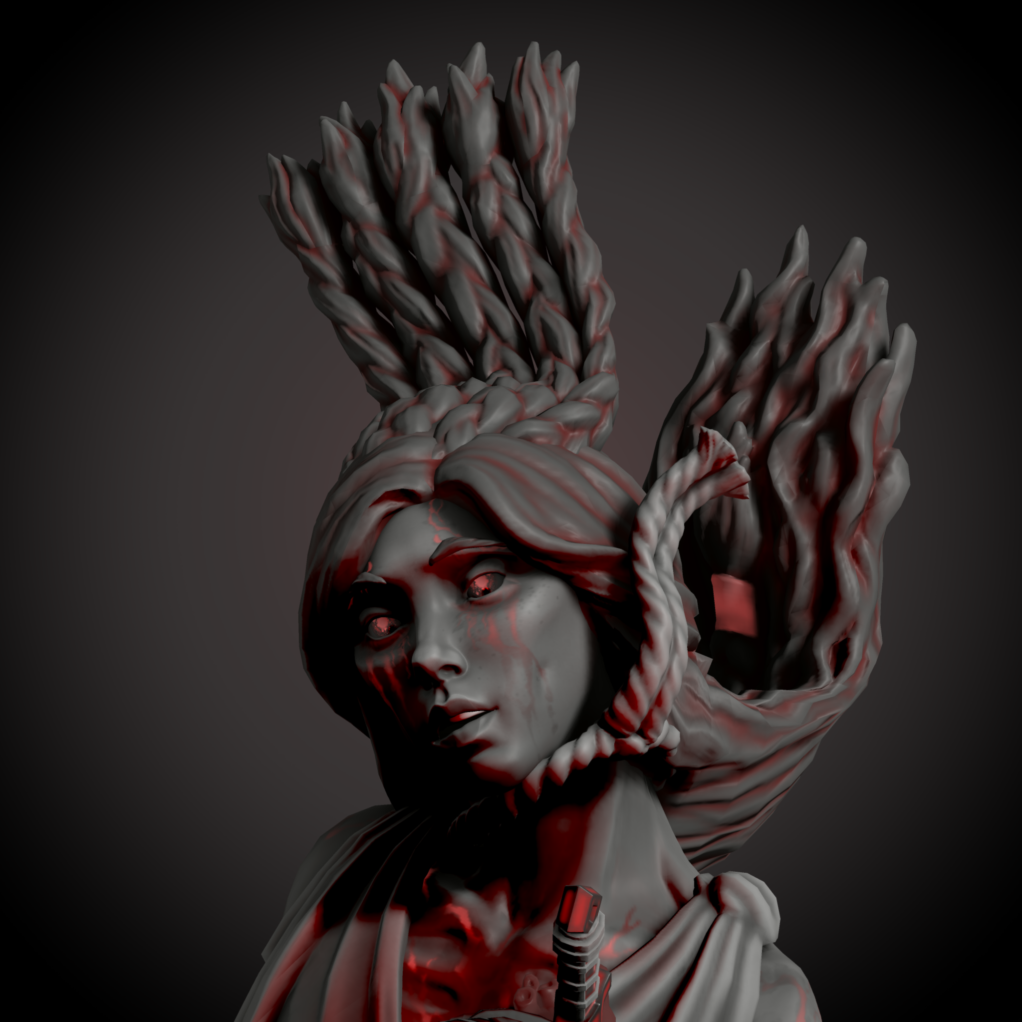 Kitbashed HeroForge PCs with diverse skin tones, braids, dreadlocks, and fantasy attire with glowing weapons