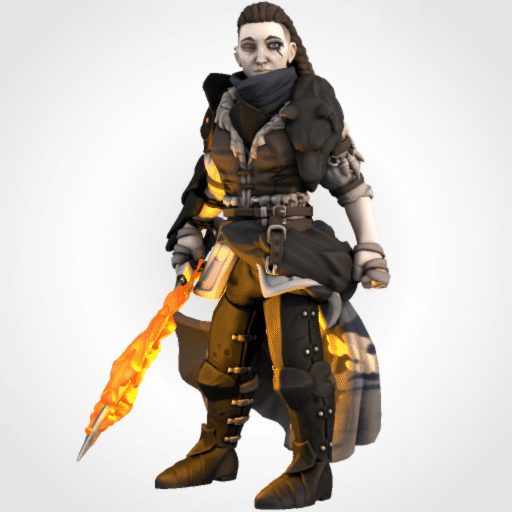 Kitbashed HeroForge PCs with diverse skin tones, braids, dreadlocks, and fantasy attire with glowing weapons