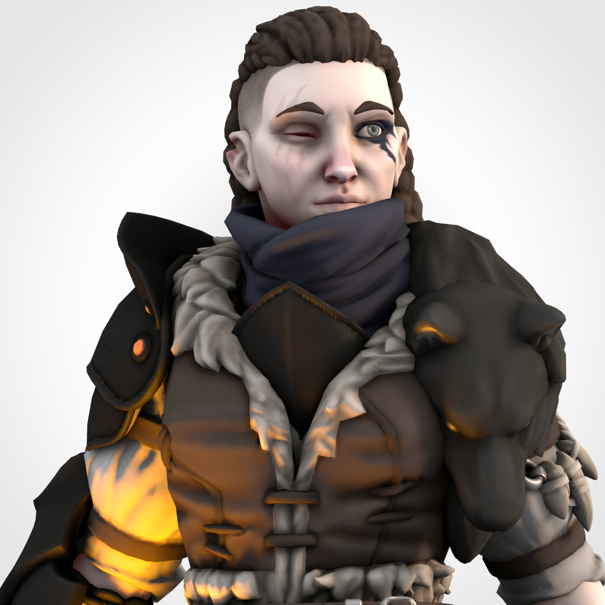 Kitbashed HeroForge PCs with diverse skin tones, braids, dreadlocks, and fantasy attire with glowing weapons
