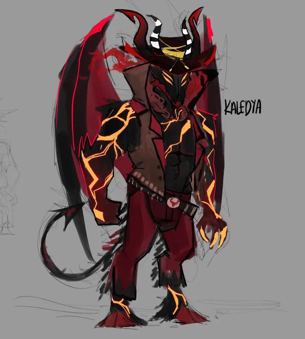 Hazbin Hotel fan art of a muscular red demonic character in a red suit and leather jacket for Satan's Workouts app.