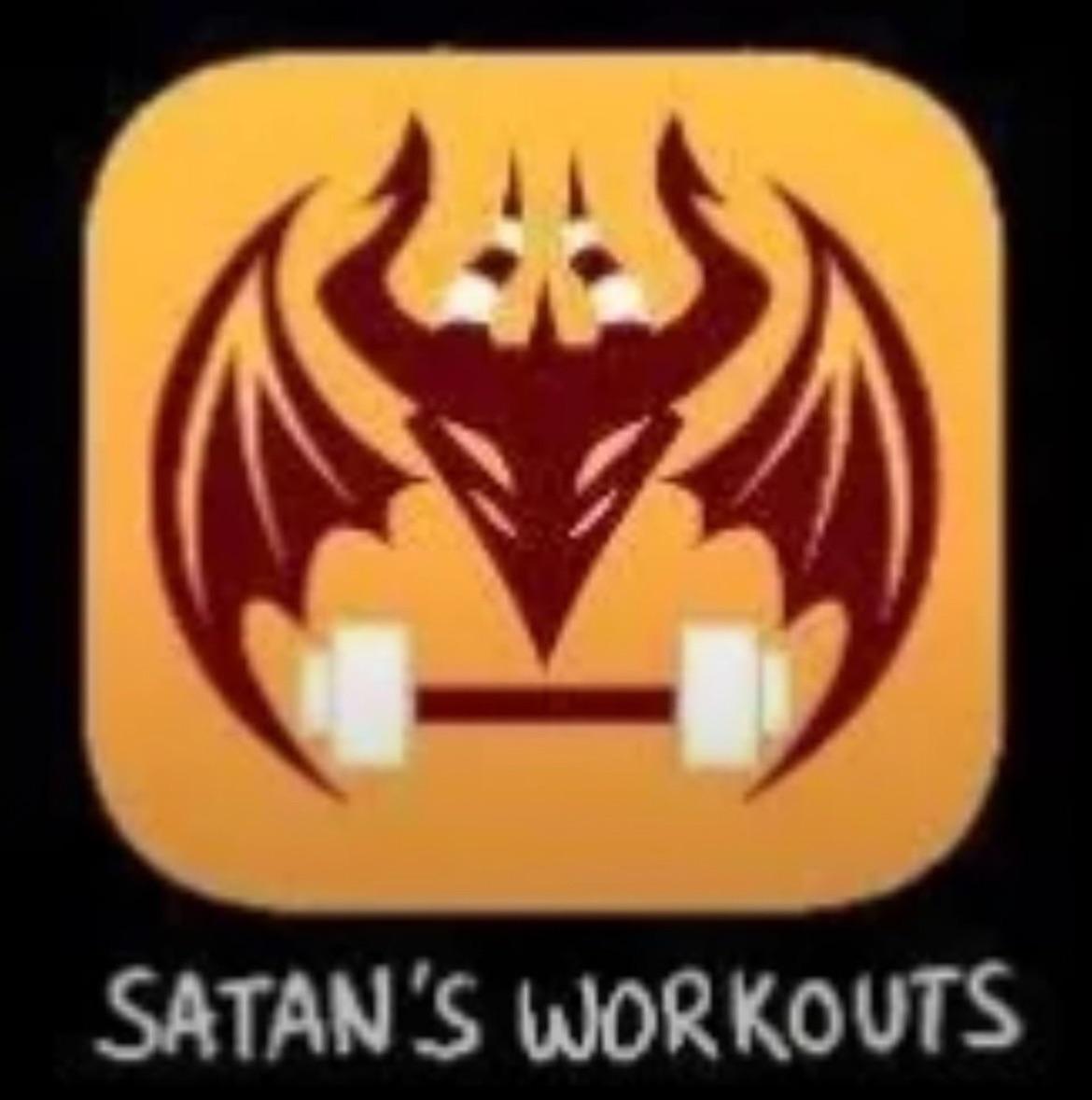 Hazbin Hotel fan art of a muscular red demonic character in a red suit and leather jacket for Satan's Workouts app.