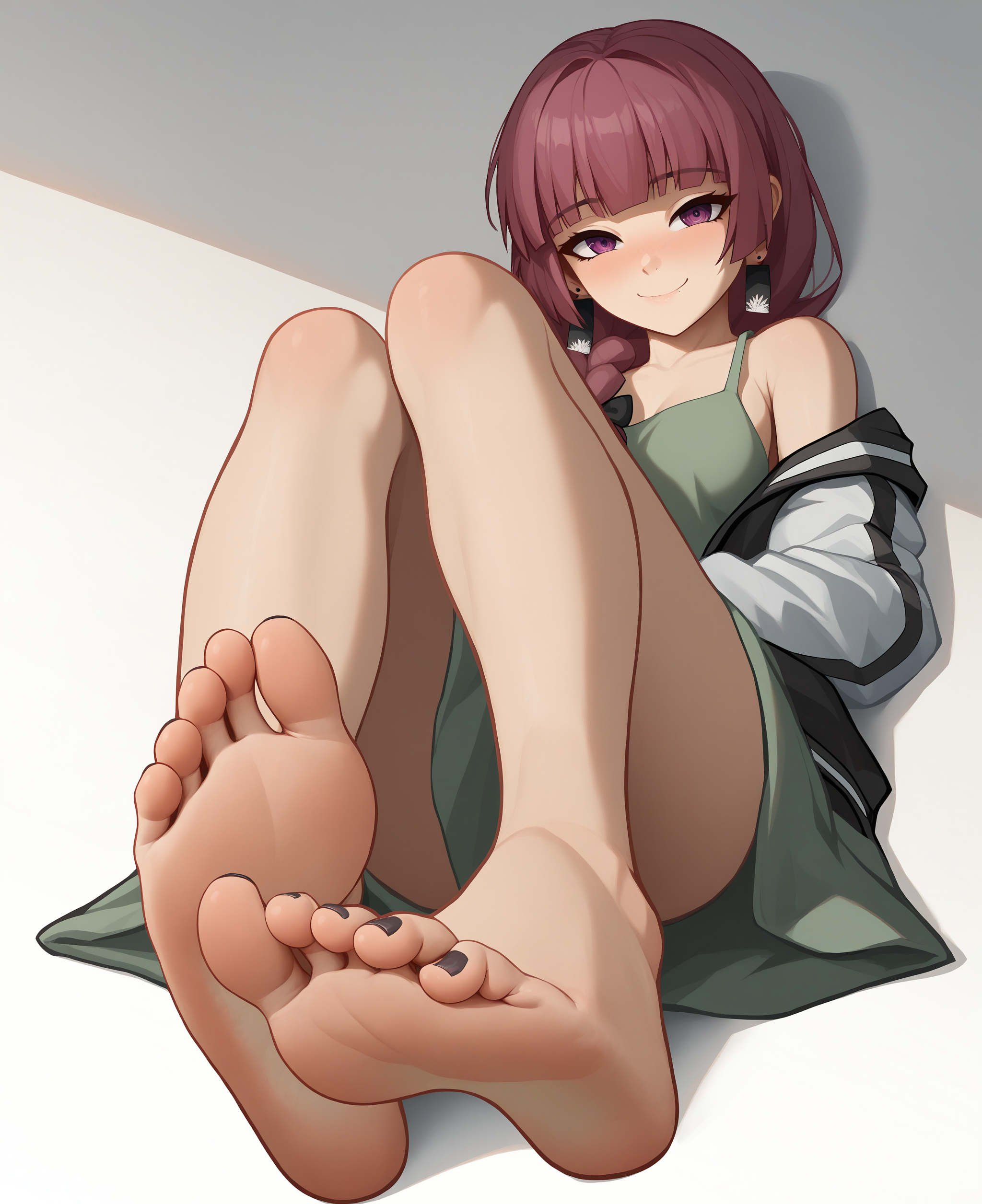 Anime art of a thick mixed woman with tan skin and white hair posing with her soles and toes in the foreground