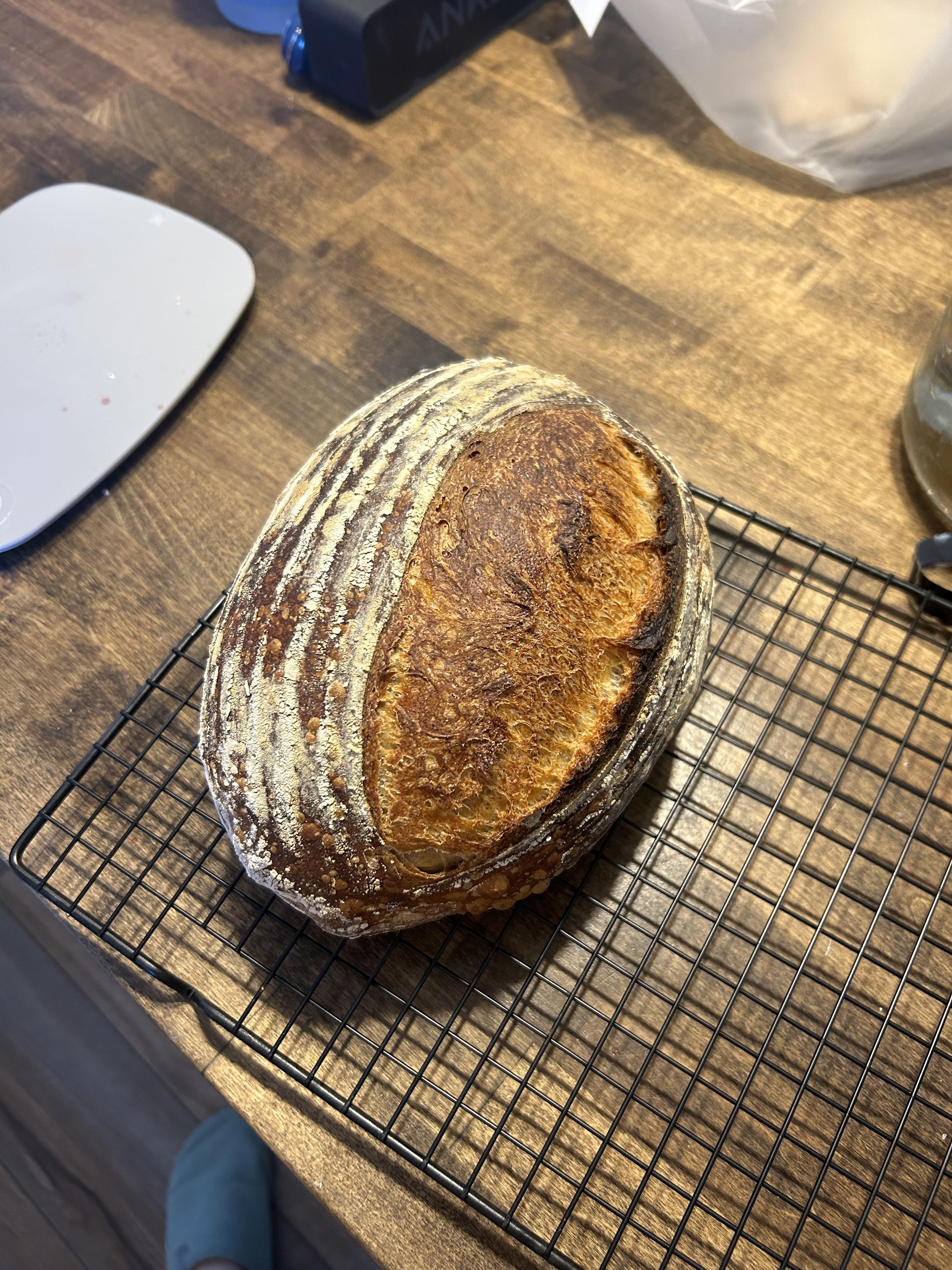 Homemade sourdough country wheat bread on a cooling rack and sliced open, with a hand in a white glove.