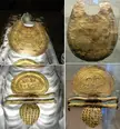 A gold pectoral and the great golden fibula from the Etruscan Regolini-Galassi tomb in Caere, Italy. The images on the left shows how the golden grave goods were placed on top of the deceased royal woman inside of the tomb. 675-650 BCE, now housed at the Gregorian Etruscan Museum [1428x1532]
