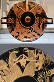 A red-figure cup showing the death of Pentheus, a king of Thebes who banned the worship of the god Dionysus. To punish him for this impiety, Dionysus had him killed by his own mother and a group of Theban women who mistook him for a wild beast and tore him limb from limb. 480 BCE [940x1441]