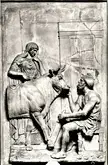 A stone relief depicting the Athenian inventor Daedalus delivering the wooden cow to the queen Pasiphae, who conceived the Minotaur after mating with the Cretan Bull while hidden within the hollow cow. 1st-3rd century CE [669x1024]