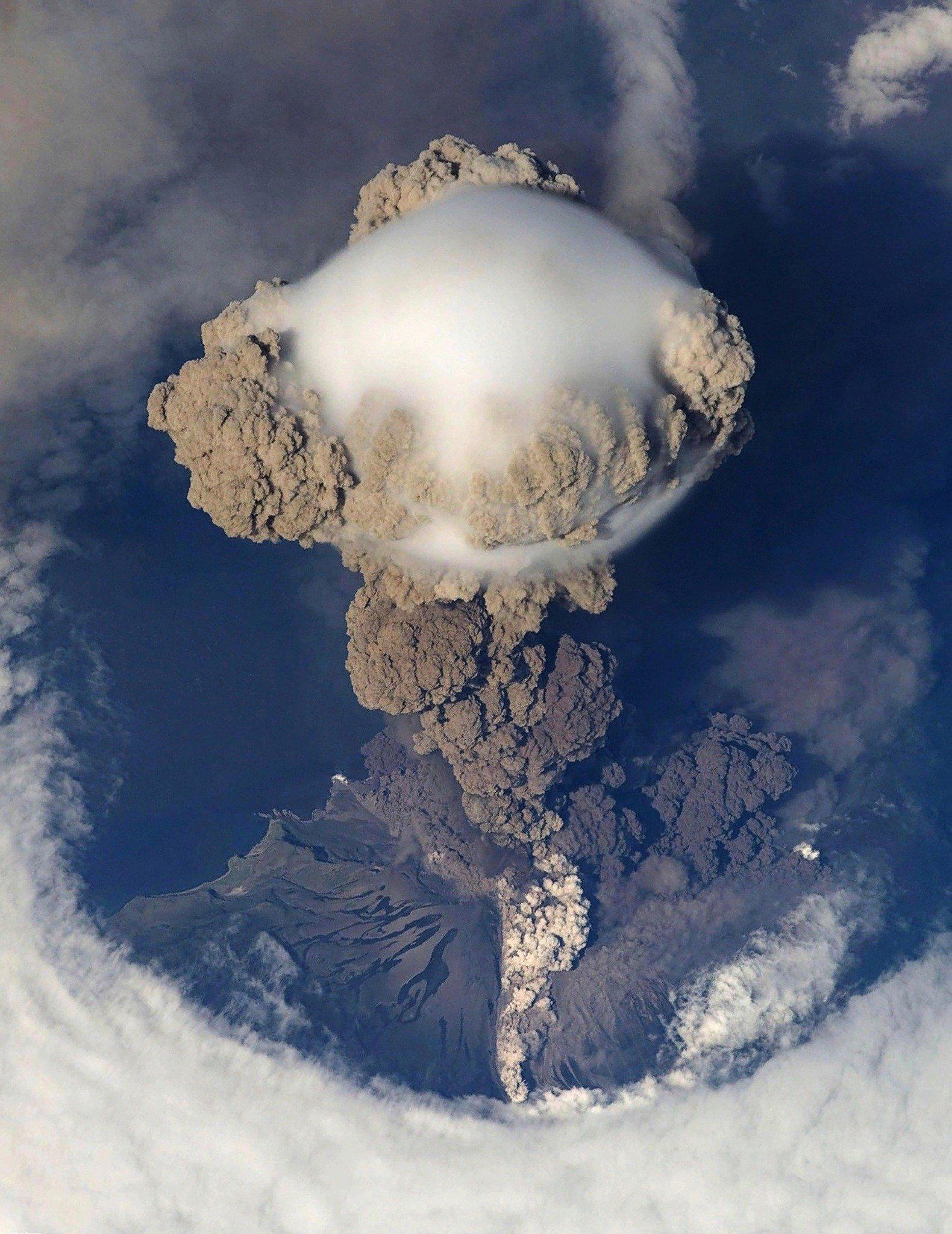 A view of a volcanic eruption from space