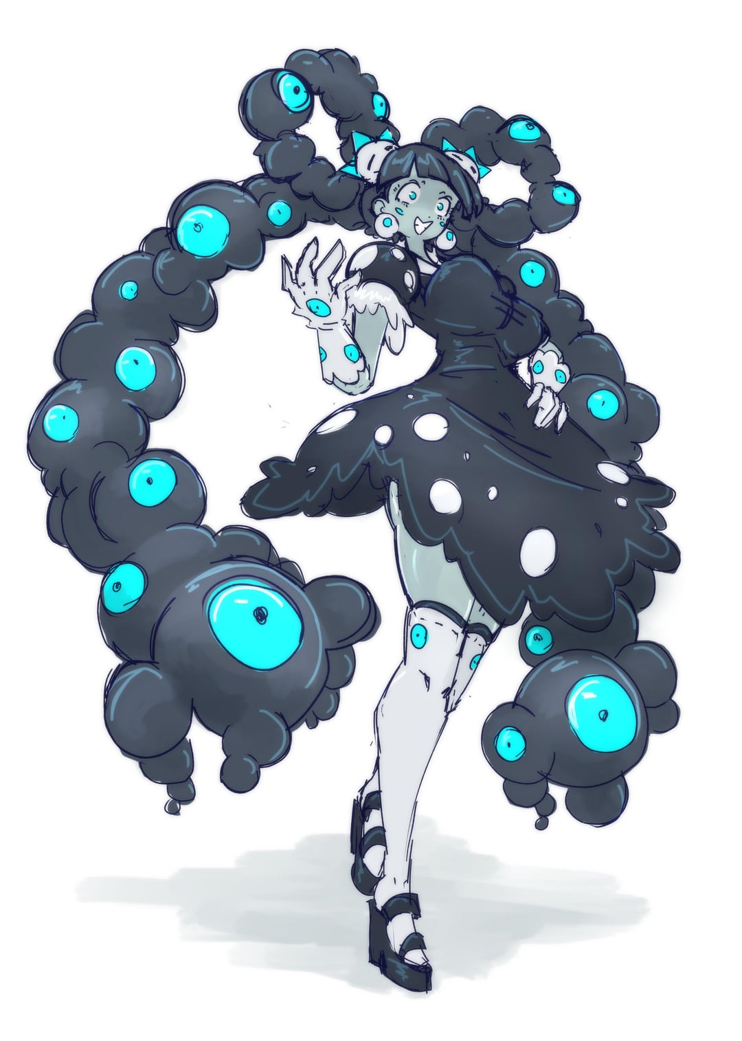 Many-Eyed Girl by @Mokkoyu_Mokk, a curvy monster girl with blue glowing orbs in her curly black hair and a polka-dot dress