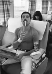 Freddie Mercury on the train in Japan, 1982