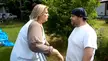Belly busters: a group of people including blonde girls and a man in a baseball cap arguing across a backyard fence