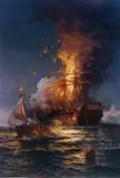 On the night of 16 February 1804, Captain Stephen Decatur led a small detachment of United States Marines from the USS Intrepid to the stranded USS Philadelphia and overpowered the Tripolitan sailors aboard. The Marines then set fire to Philadelphia, denying her use by the enemy. [3407 x 5033]