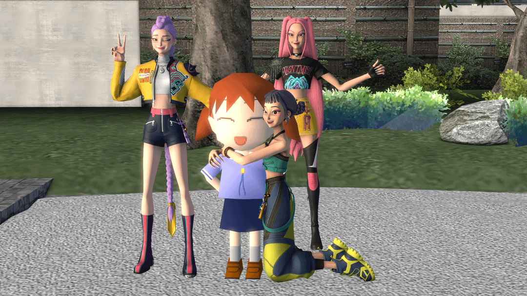 Chiyo Mihama and the HUNTR/X group in 3D streetwear, featuring purple, pink, orange, and black hair.