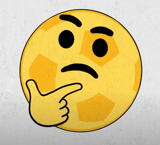 An anthropomorphic yellow soccer ball character with a thinking expression and hand on its chin.
