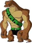 Humungousaur redesign as a muscular brown humanoid creature with a green belt and chest strap