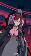 Mari Makinami in a pink and grey futuristic outfit with red glasses and a robotic creature in a red anime setting