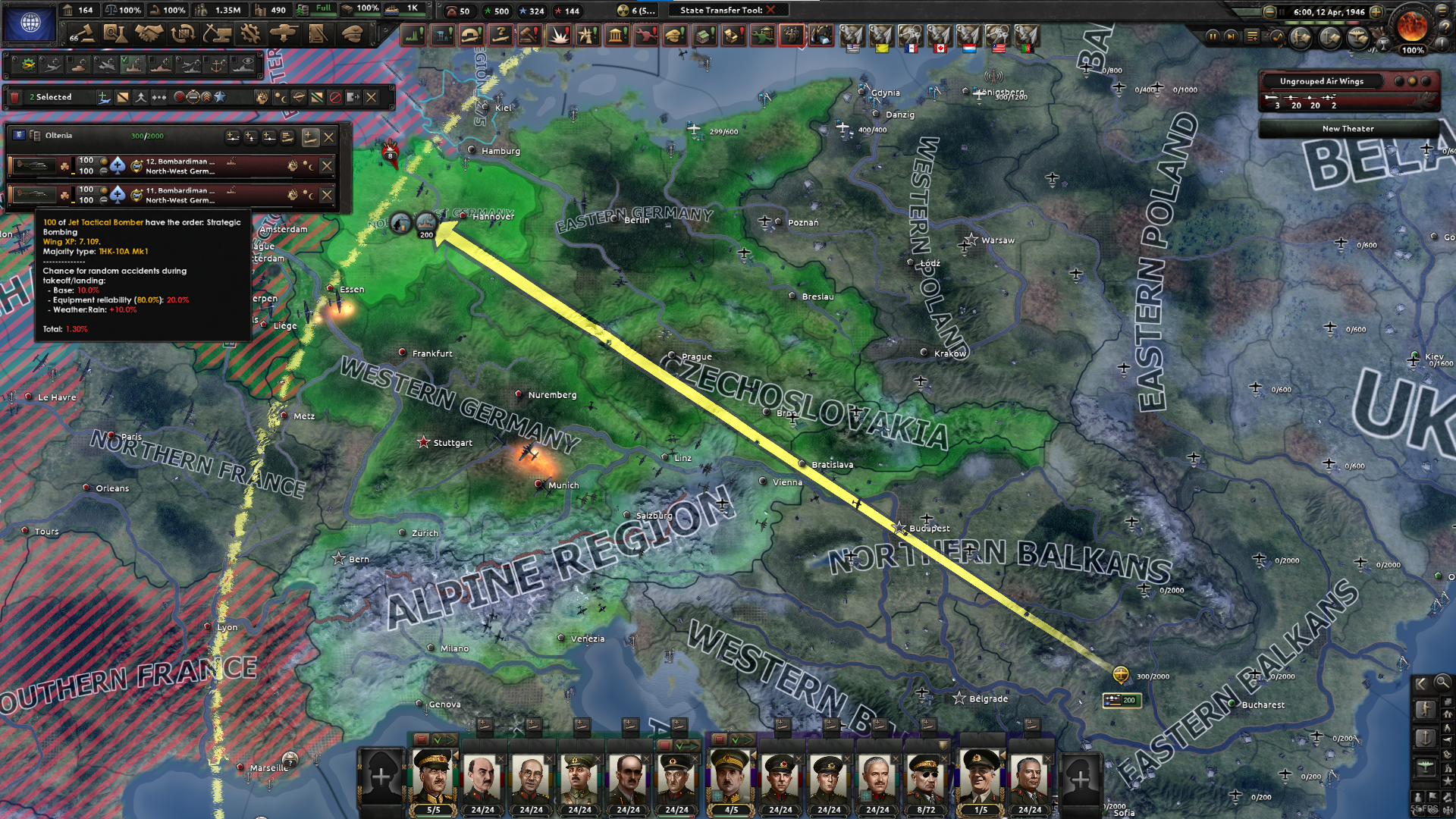 Hearts of Iron IV (HOI4) game map of Europe with military units, flight paths, and UI panels
