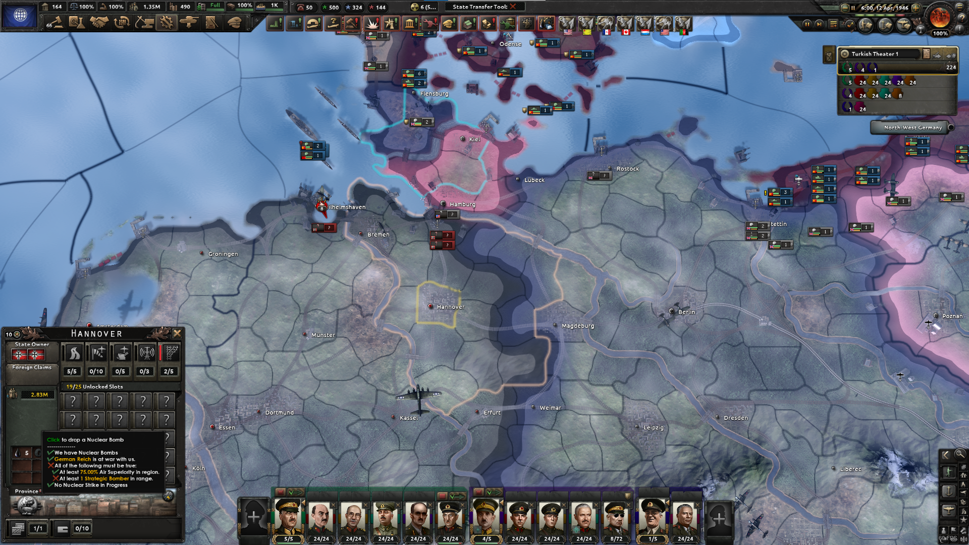Hearts of Iron IV (HOI4) game map of Europe with military units, flight paths, and UI panels