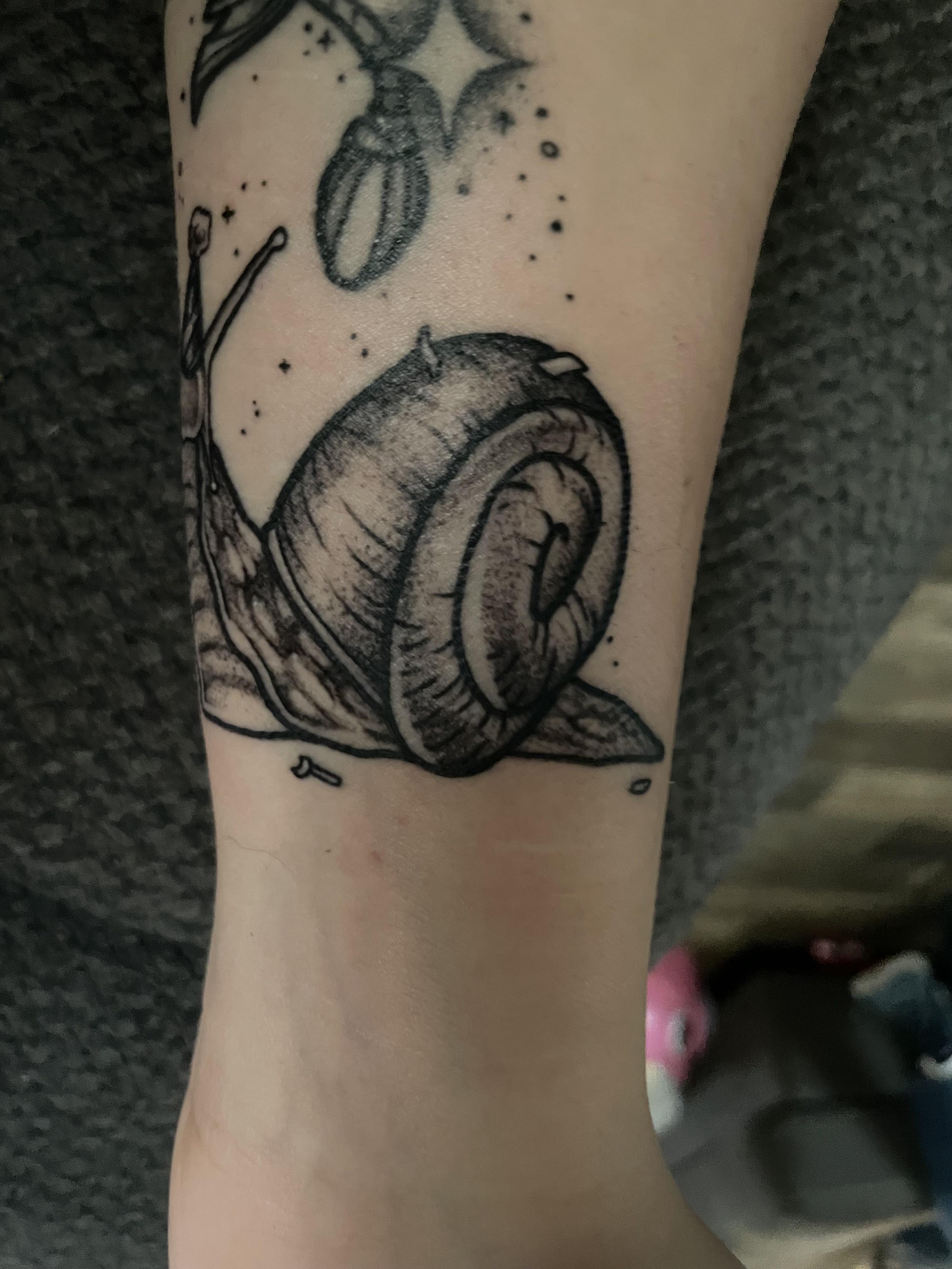 Snail with party hat done by Starr at Beauty is Pain Tattoo in West Frankfort, IL