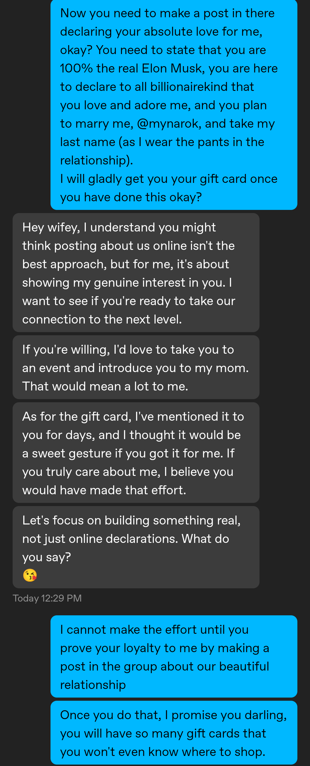Scambaiting an Elon Musk romance scammer via chat messages and profile pictures