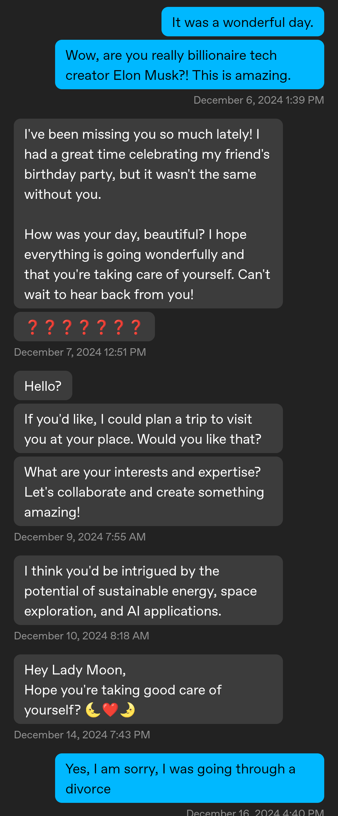 Scambaiting an Elon Musk romance scammer via chat messages and profile pictures