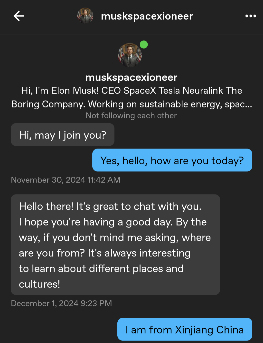 Scambaiting an Elon Musk romance scammer via chat messages and profile pictures