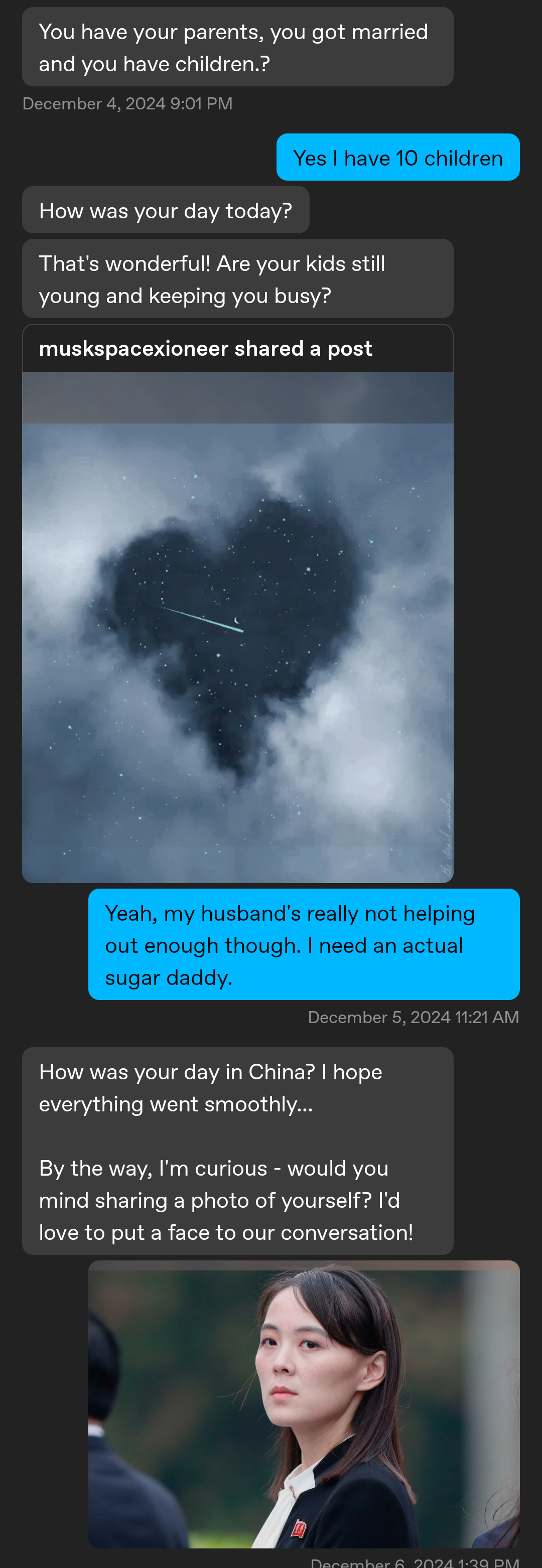 Scambaiting an Elon Musk romance scammer via chat messages and profile pictures