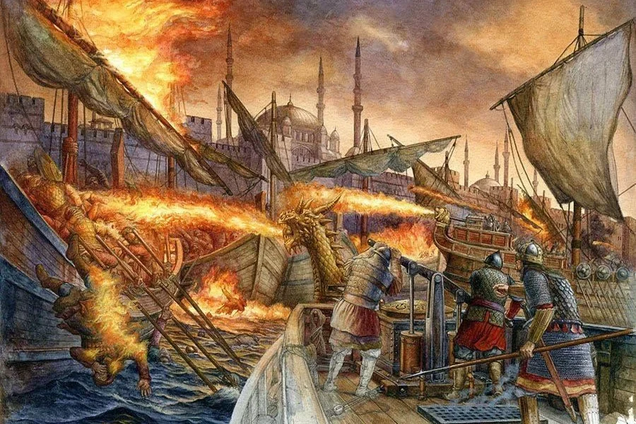 Byzantine sailors on dromon ships use Greek fire against besiegers ...