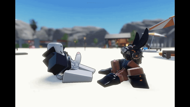 Roblox R34 3D animation of two anthropomorphic robotic characters sitting on a beach