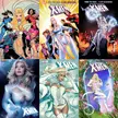 Emma Frost in various shiny white bodysuits and catsuits on Exceptional X-Men #1 comic book covers